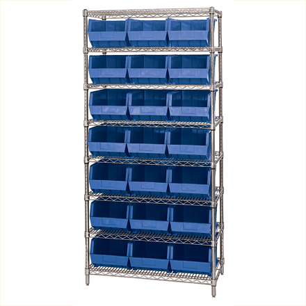 36 x 18 x 74" - 8 Shelf Wire Shelving Unit with (21) Blue Bins