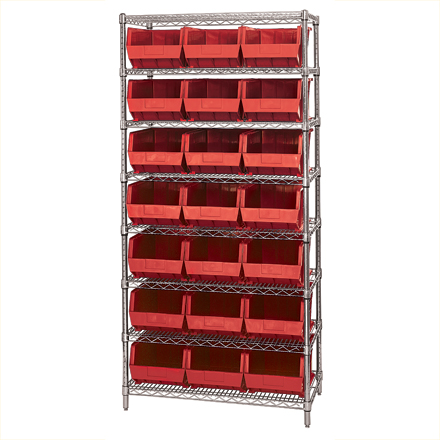 36 x 18 x 74" - 8 Shelf Wire Shelving Unit with (21) Red Bins