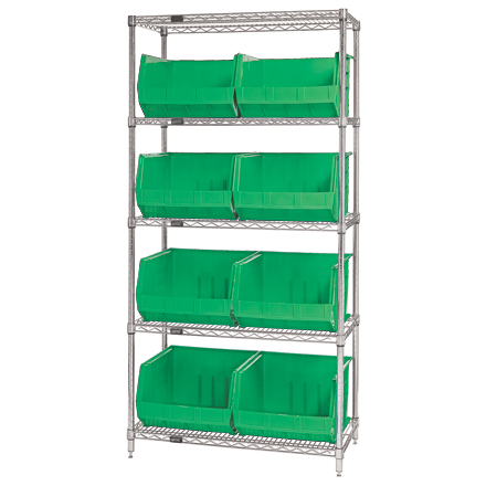 36 x 18 x 74" - 5 Shelf Wire Shelving Unit with (8) Green Bins