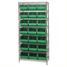 8 Shelf Wire Shelving Unit with (21) Green Bins