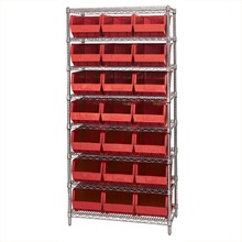 8 Shelf Wire Shelving Unit with (21) Red Bins