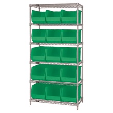 6 Shelf Wire Shelving Unit with (15) Green Bins