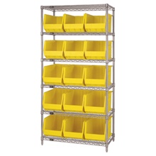6 Shelf Wire Shelving Unit with (15) Yellow Bins