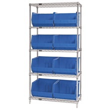 36 x 18 x 74" - 5 Shelf Wire Shelving Unit with (8) Blue Bins